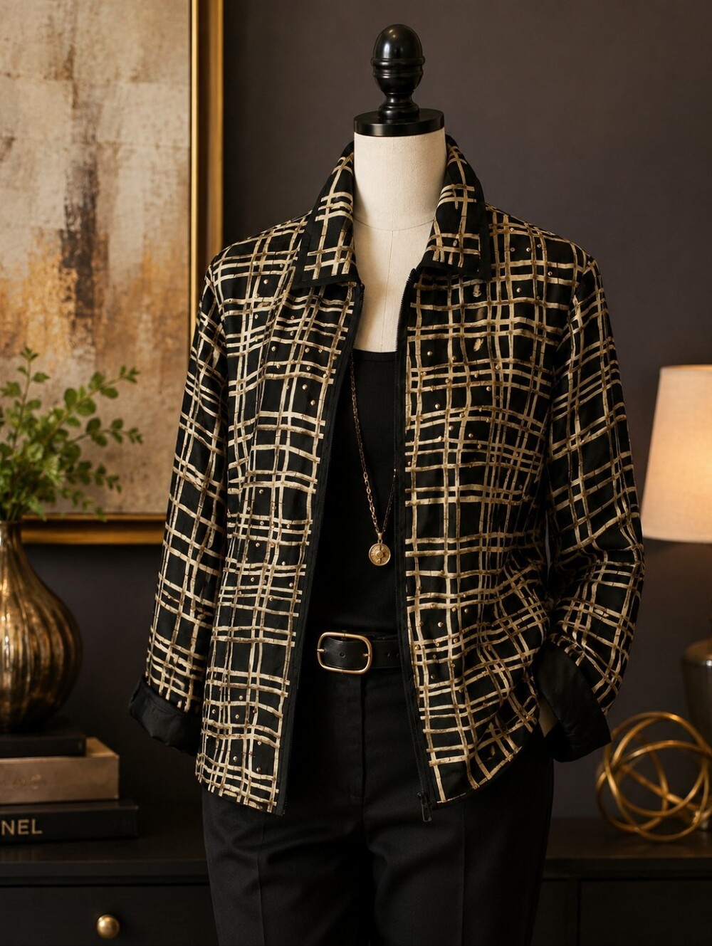SilkLand Black Jacket with Gold Plaid